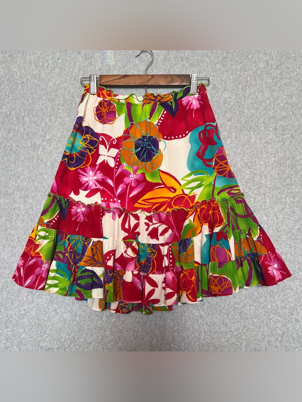 Jams World Voile Colorful Floral Hawaiian Print Ruffled Tiered Skirt Size Small